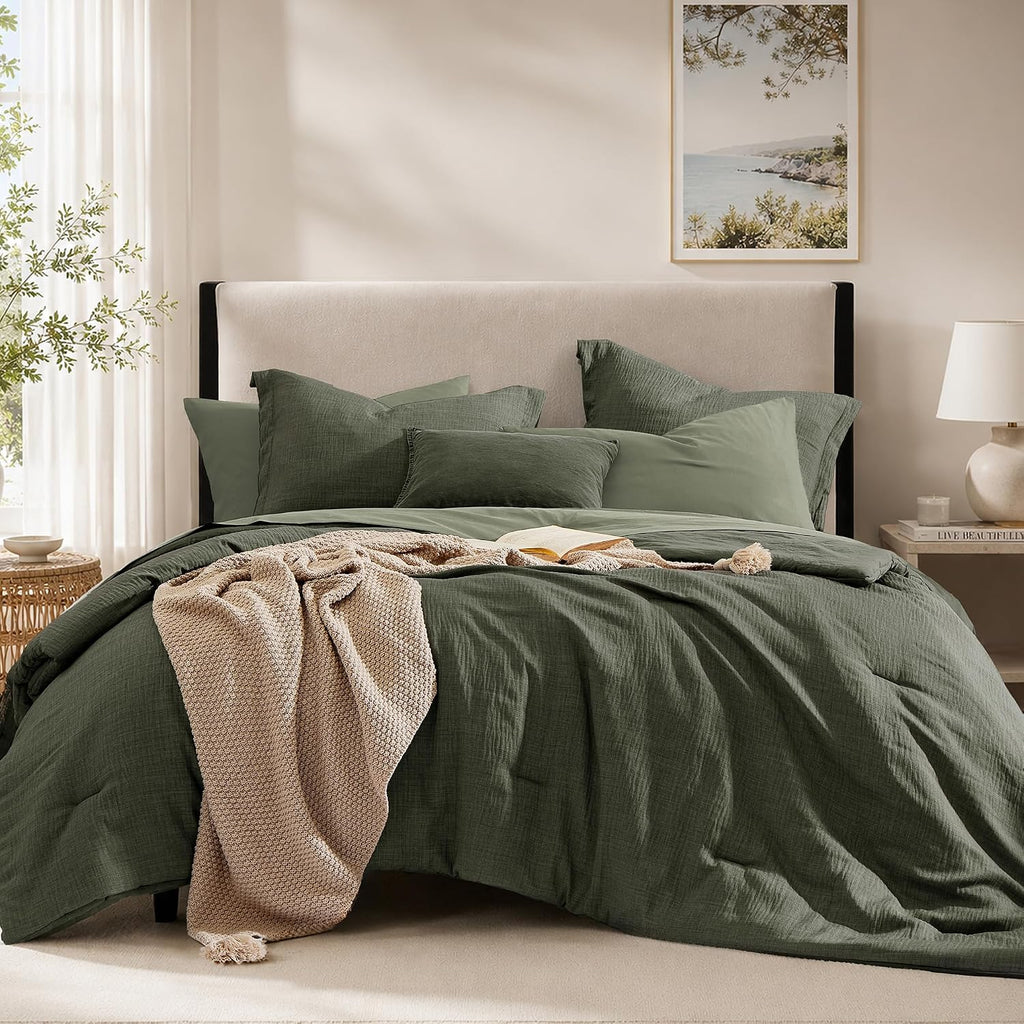 King Comforter Set - 7 Pieces Green Textured Bed in a Bag King Bedding Set