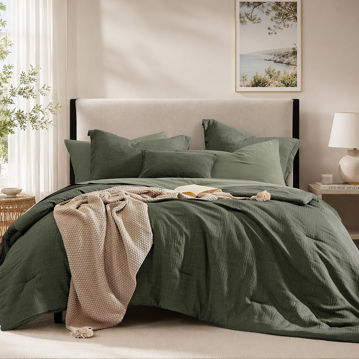 King Comforter Set - 7 Pieces Green Textured Bed in a Bag King Bedding Set