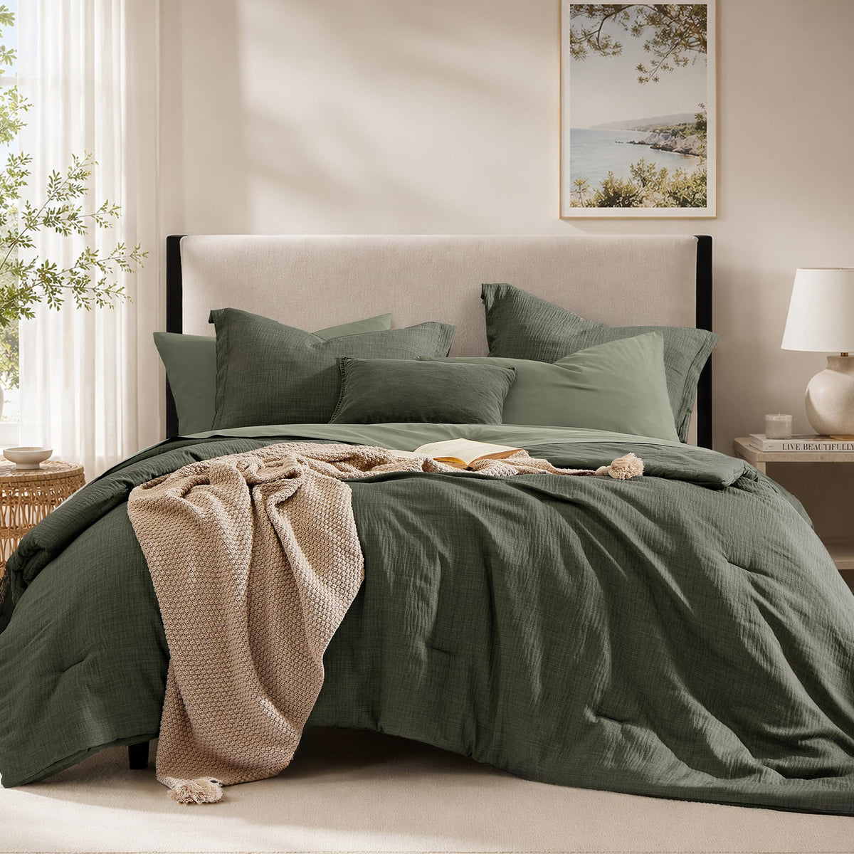 King Comforter Set - 7 Pieces Green Textured Bed in a Bag King Bedding Set