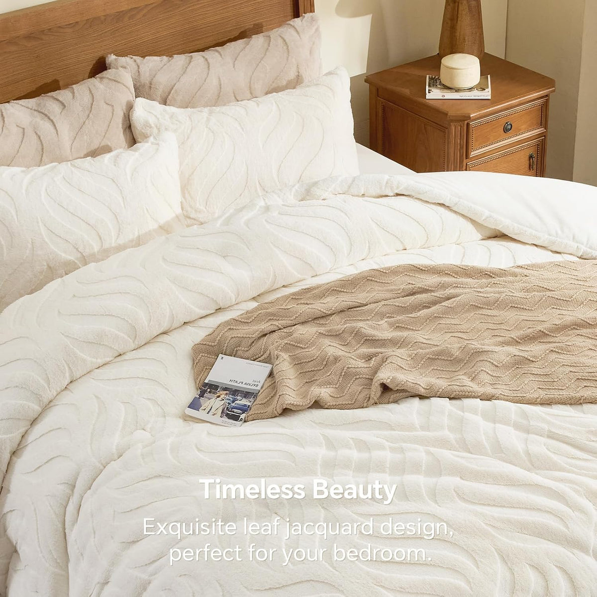 BEDELITE Fluffy Faux Fur Comforter Set Queen, Fuzzy Bedding Set, Cream
