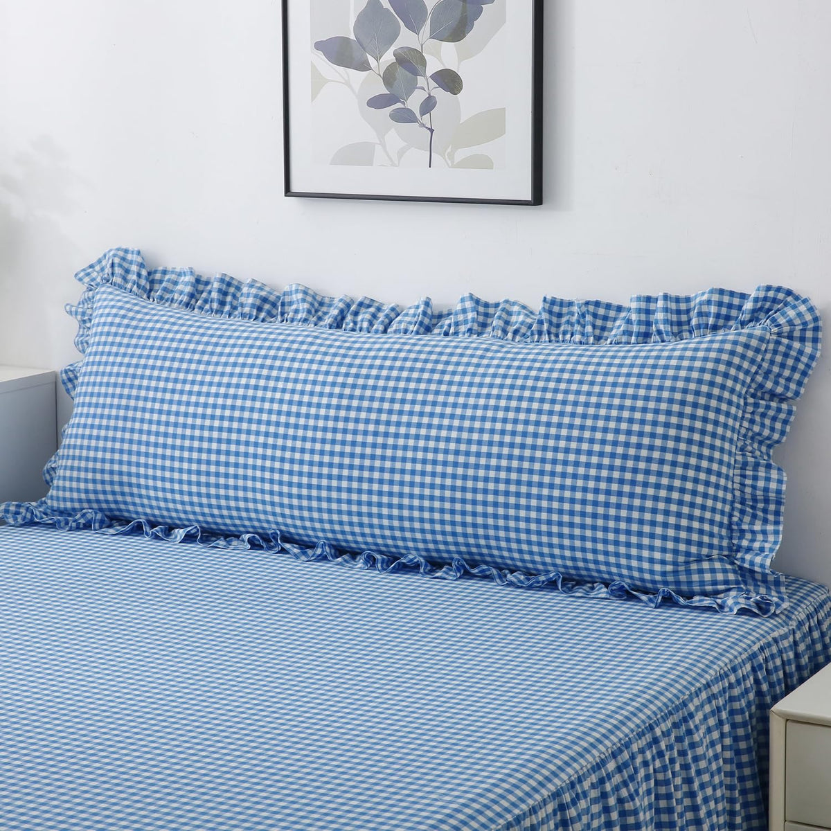 Silnuo Taupe/White Gingham Plaid Ruffled Pillow Covers Queen Size Set of 2