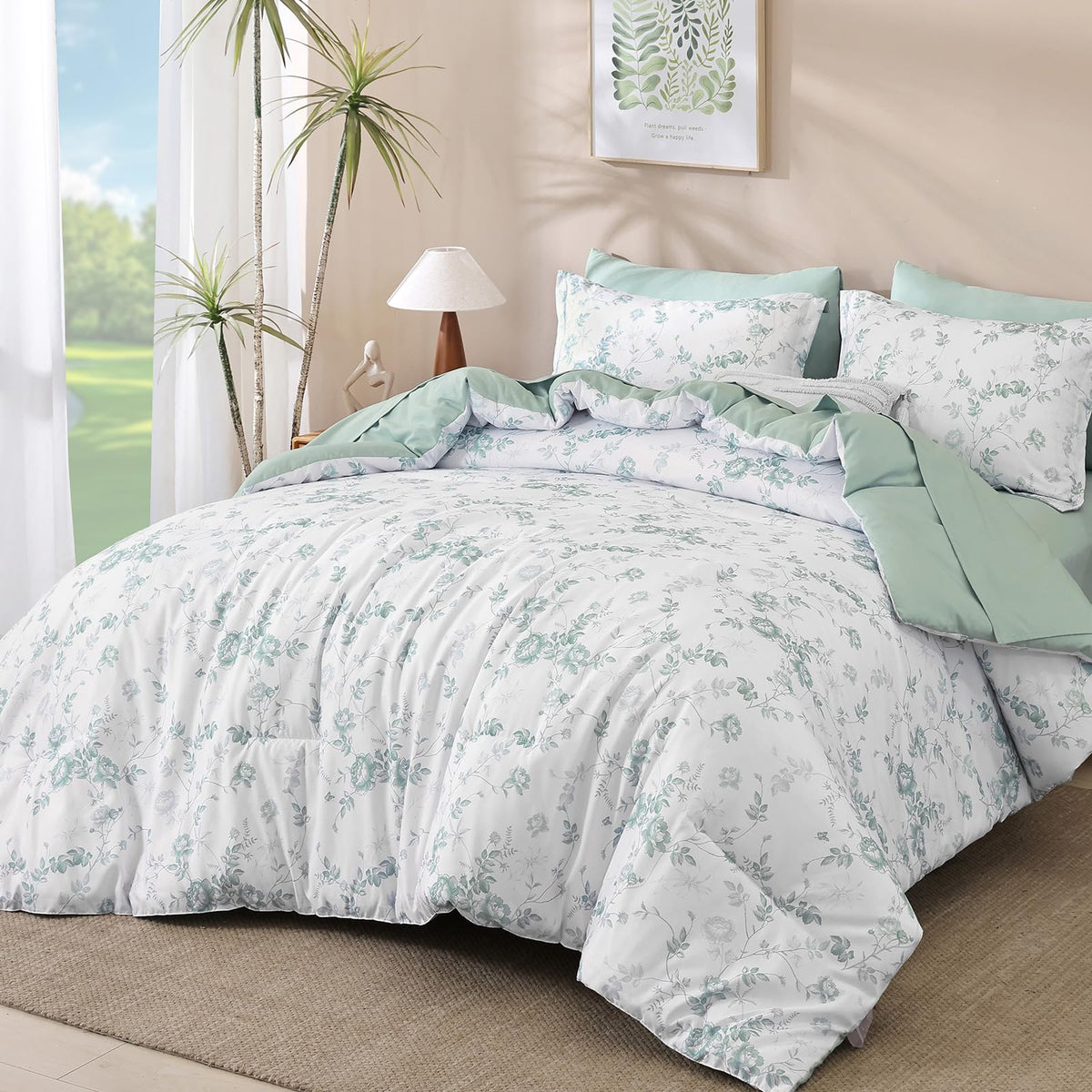 Luxudecor Blue Rose Floral Queen Comforter Set, 7 Pieces Bed in a Bag
