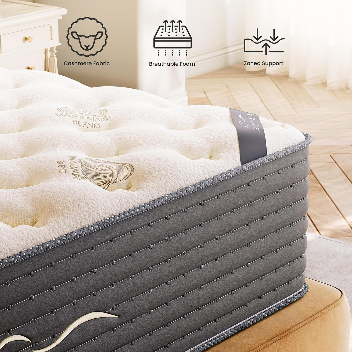 TXO 14 Inch Cashmere Hybrid Queen Mattress in a Box, Dual-Sided Medium Firm & Firm, Cooling Gel Memory Foam Mattress, Pocket Springs for Motion Isolation, Pressure Relief, CertiPUR-US Certified