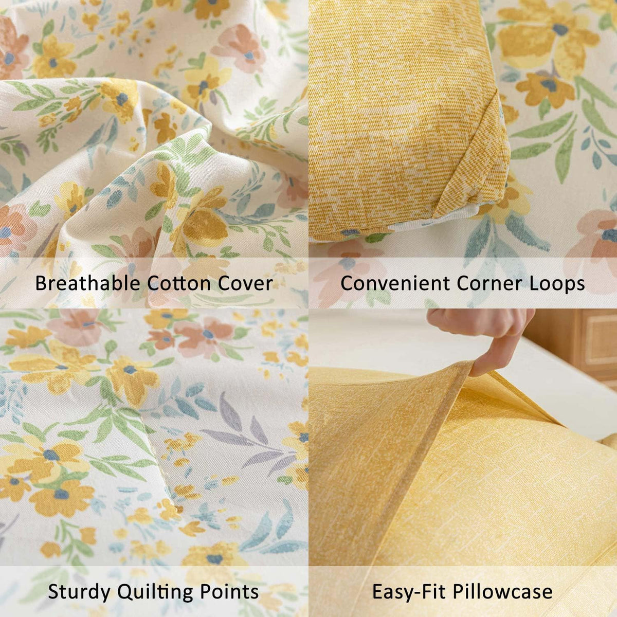 ALEISSEL Natural Cotton 3pcs Floral Comforter Sets King Size-Yellow Comforter with Pink & Yellow Flowers and Blue & Green Leaves on White, Reversible Lightweight Bedding Sets(King 104"×90")