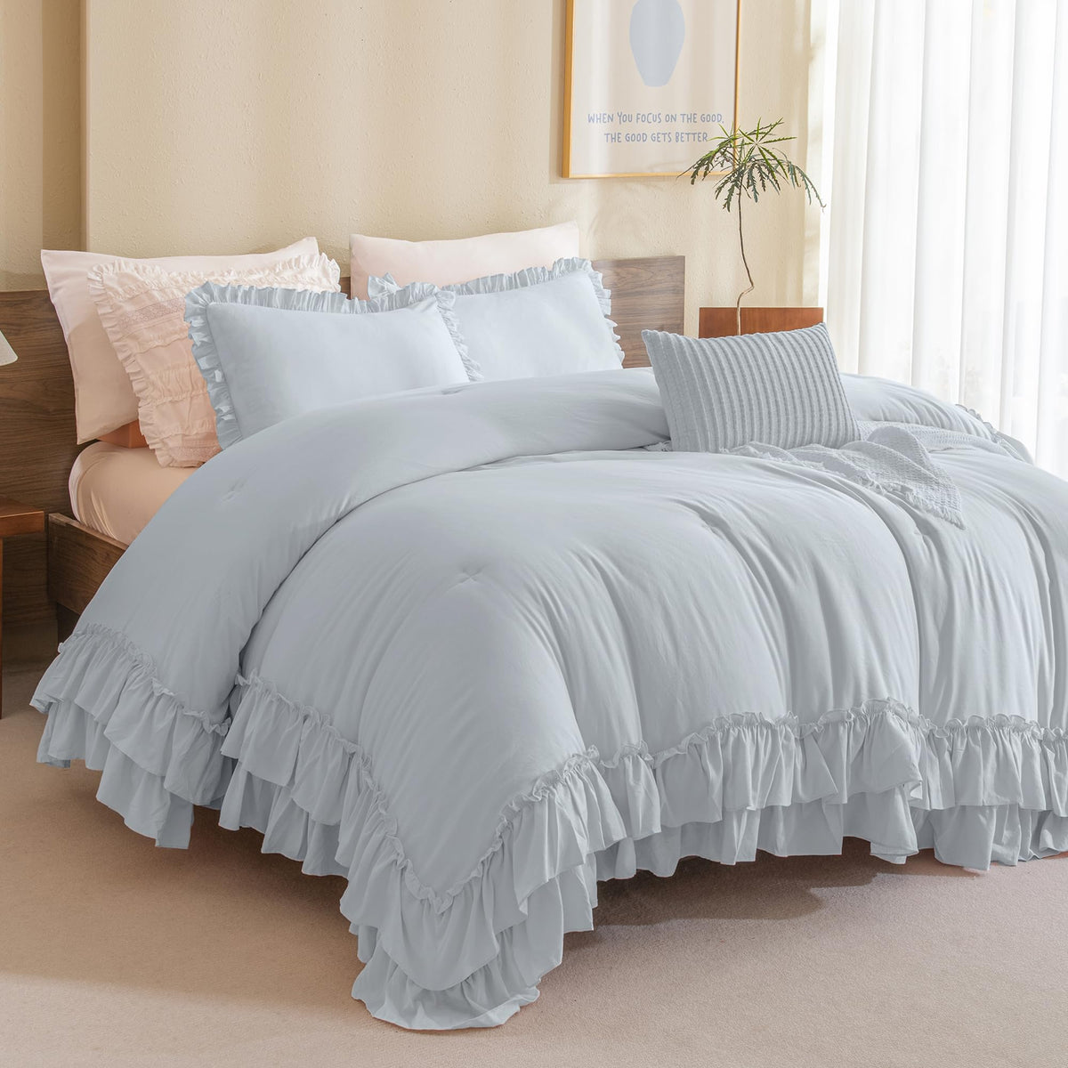 QSH Queen's House Light Blue Farmhouse Ruffled King Size Comforter Set,Lightweight Microfiber Inner Fill Fluffy Boho Chic Bedding Comforter,Ultra Soft Microfiber Inner Fill Bedding
