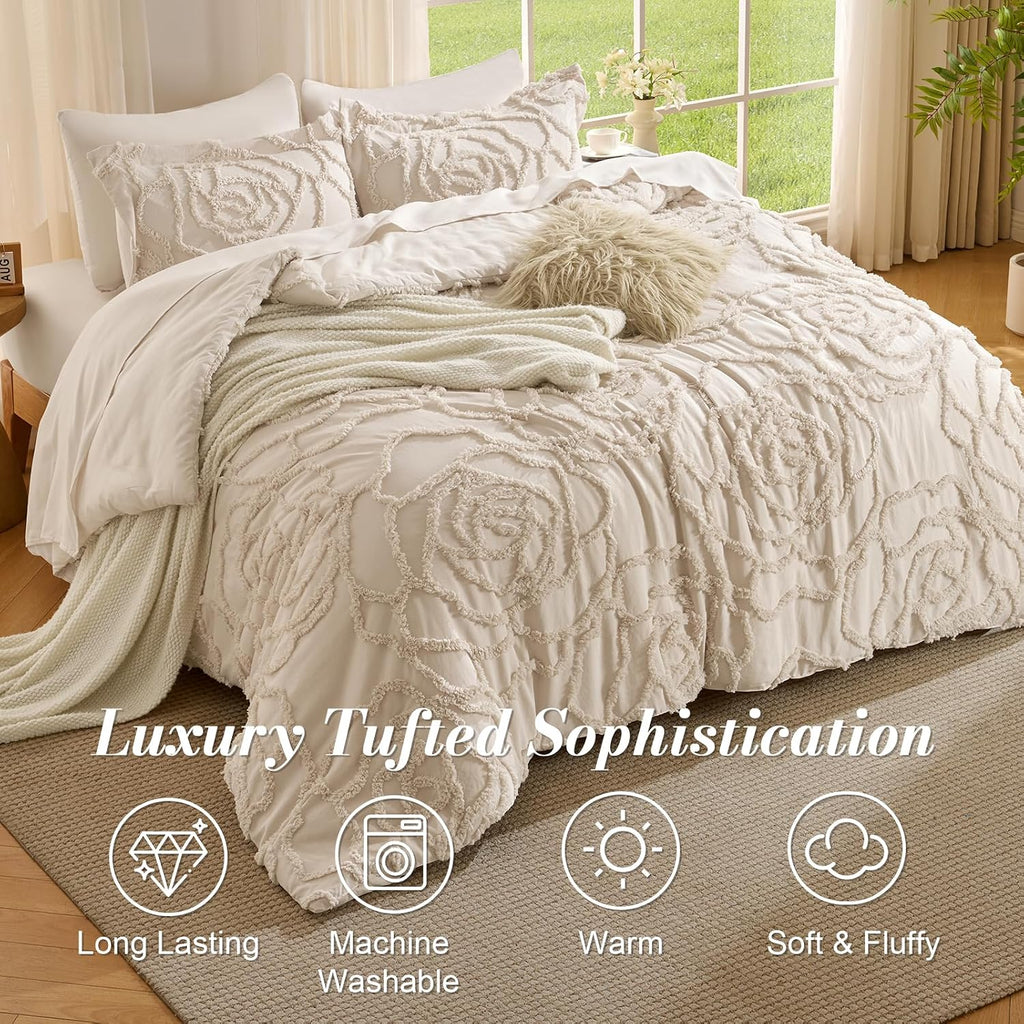 7 Pieces Comforter Set Queen Khaki Tufted Rose Soft Fluffy Boho Tufted Comforter Set All Season Bed in a Bag Set Shabby Chic Farmhouse Rustic Style Bedding