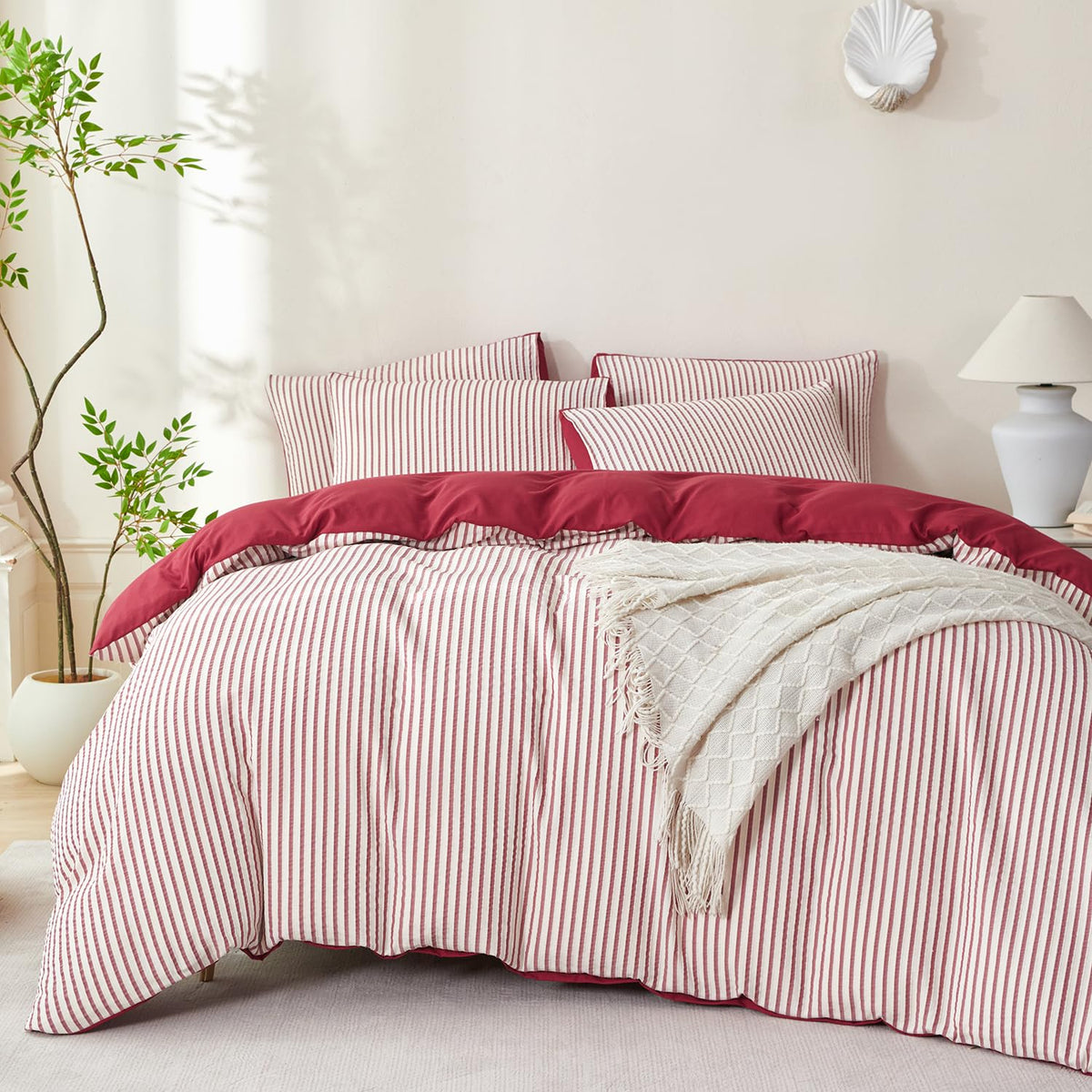 Comforter Set King Size Dusty Pink Soft Luxury Washed Microfiber Jacquard 3 Pieces Bedding Set, White Dusty Pink Vertical Ticking Stripes Comforter with 2 Pillowcases Breathable Durable Comfy