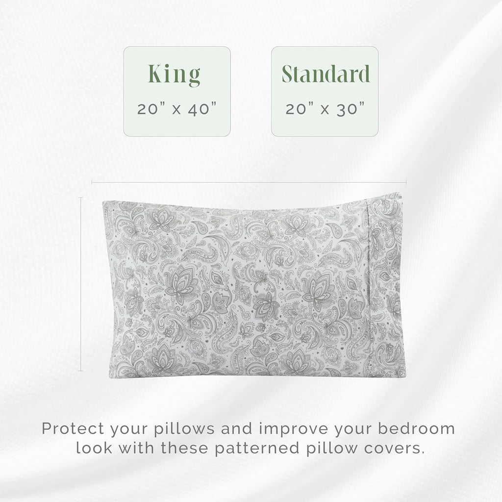 Elegant Comfort Ultra Soft Set of 2 Floral Print Pillowcases - 1500 Premium Hotel Quality Microfiber, Soft and Smooth Envelope Closure 2-Piece Pillow Covers - Standard/Queen, Paisley Gray
