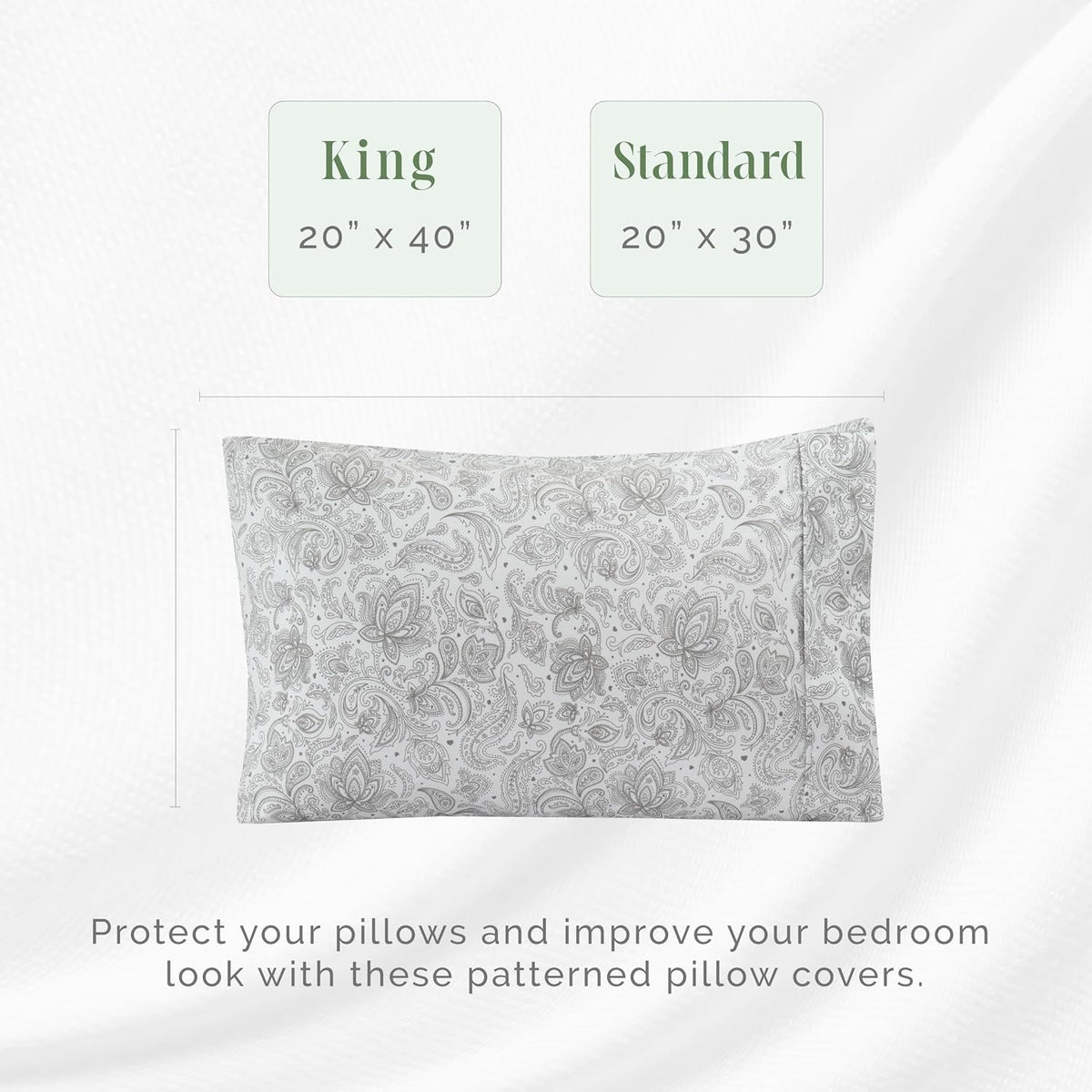 Elegant Comfort Ultra Soft Set of 2 Floral Print Pillowcases - 1500 Premium Hotel Quality Microfiber, Soft and Smooth Envelope Closure 2-Piece Pillow Covers - Standard/Queen, Paisley Gray