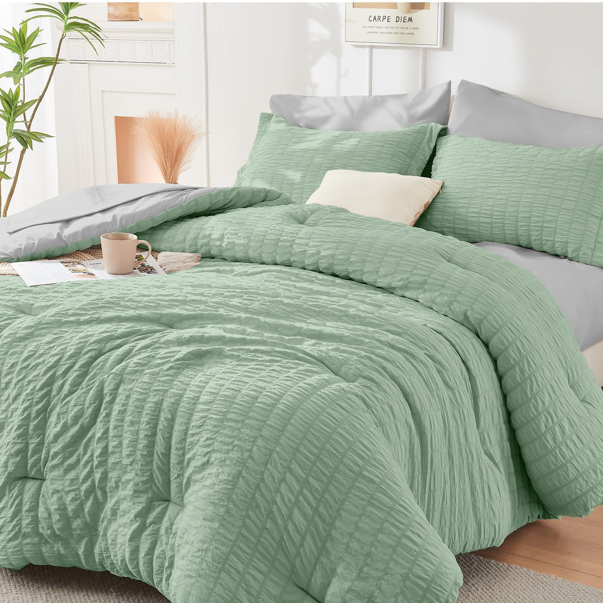 King Comforter Set - 7PCS Bed in a Bag, Seersucker Bedding Set, Dark Grey