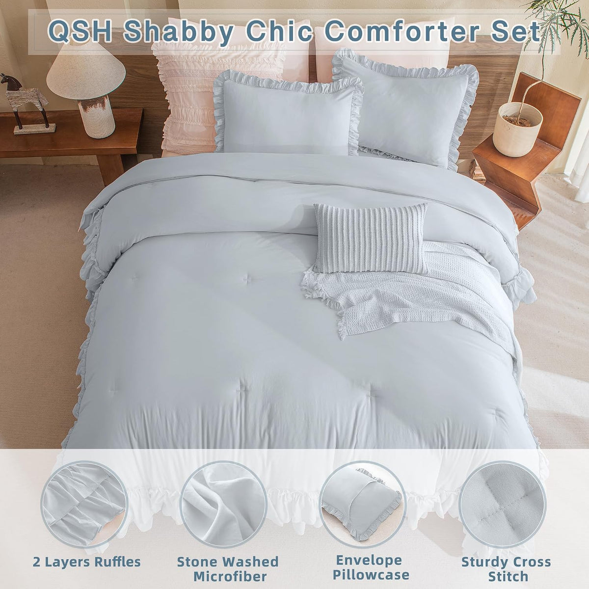 QSH Queen's House Light Blue Farmhouse Ruffled King Size Comforter Set,Lightweight Microfiber Inner Fill Fluffy Boho Chic Bedding Comforter,Ultra Soft Microfiber Inner Fill Bedding