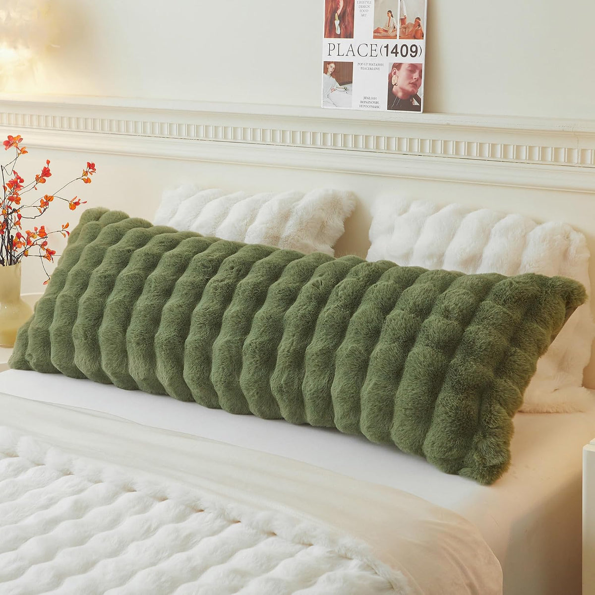 LIFEREVO Fluffy Faux Rabbit Fur Body Pillow Cover 20"x54", Sage Green