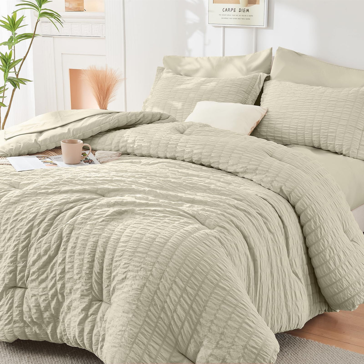 King Comforter Set - 7PCS Bed in a Bag, Seersucker Bedding Set, Dark Grey