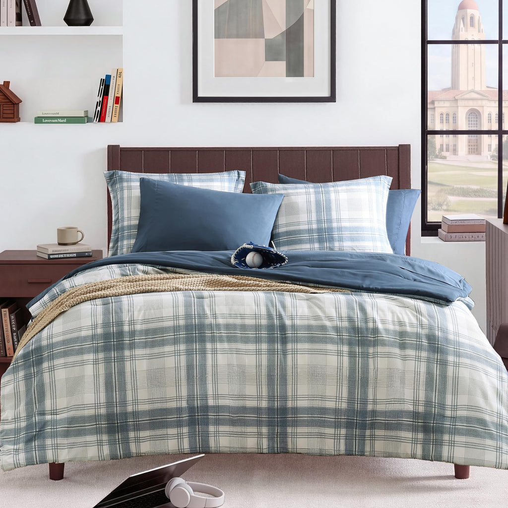 MaiRêve Plaid Queen Comforter Set Navy Blue 7 Pieces Bed in a Bag