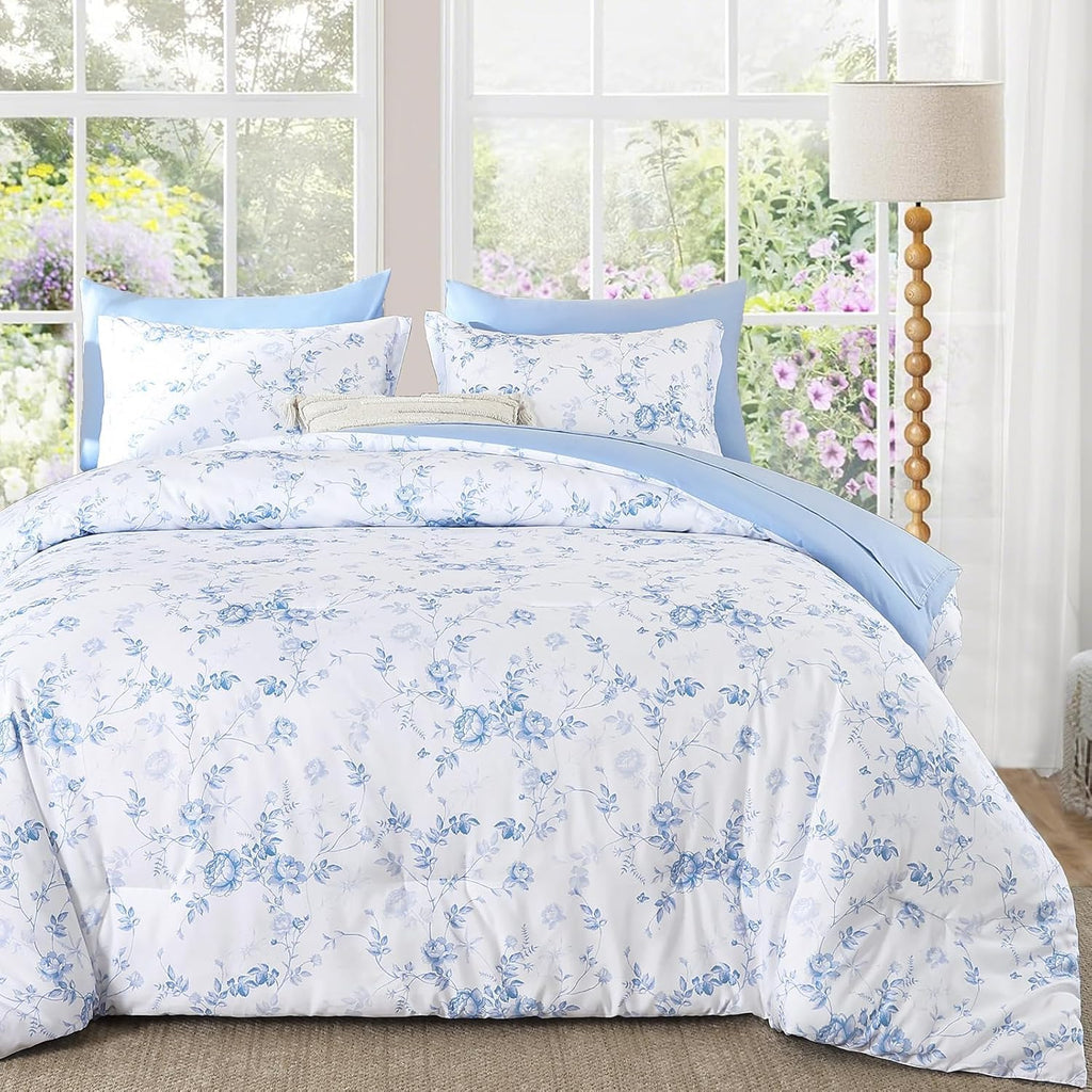 Luxudecor Blue Rose Floral Queen Comforter Set, 7 Pieces Bed in a Bag