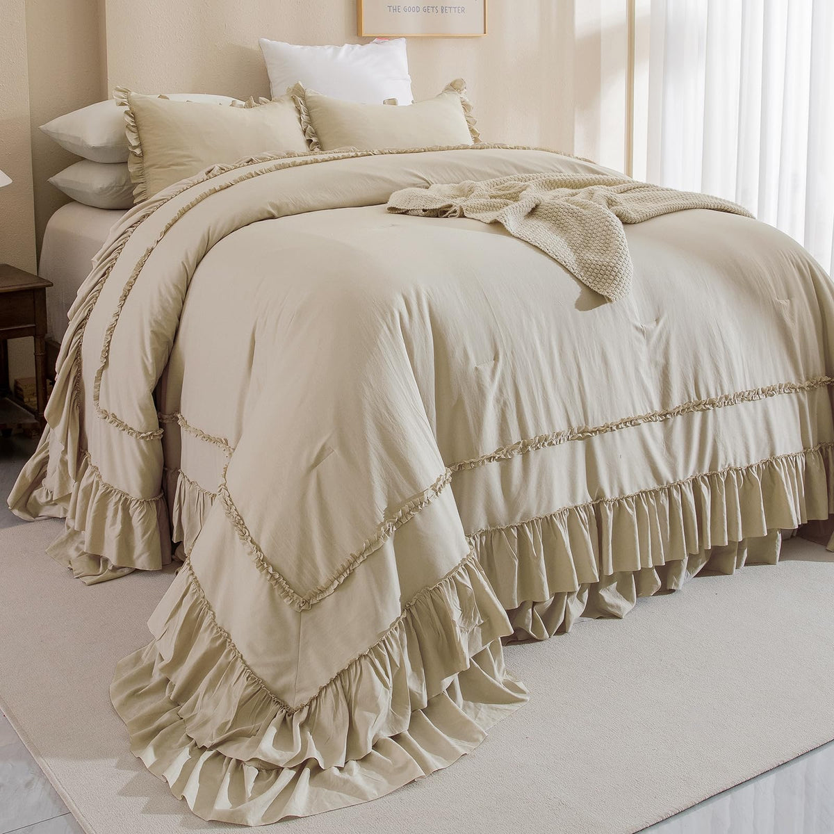 QSH Queen's House Light Blue Farmhouse Ruffled King Size Comforter Set,Lightweight Microfiber Inner Fill Fluffy Boho Chic Bedding Comforter,Ultra Soft Microfiber Inner Fill Bedding
