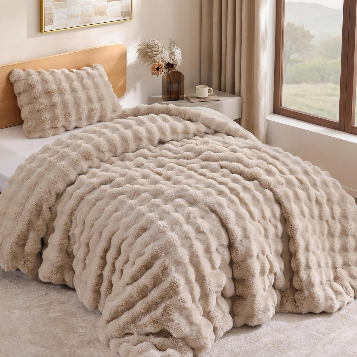YIKUSH Queen Faux Fur Soft Comforter Set, Fluffy Linen Rabbit Fur Comforter