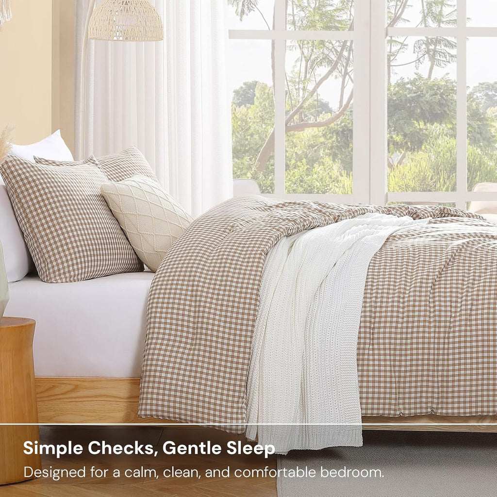 CASAAGUSTO Brown Full Gingham Comforter Set, 3 Pieces Bedding