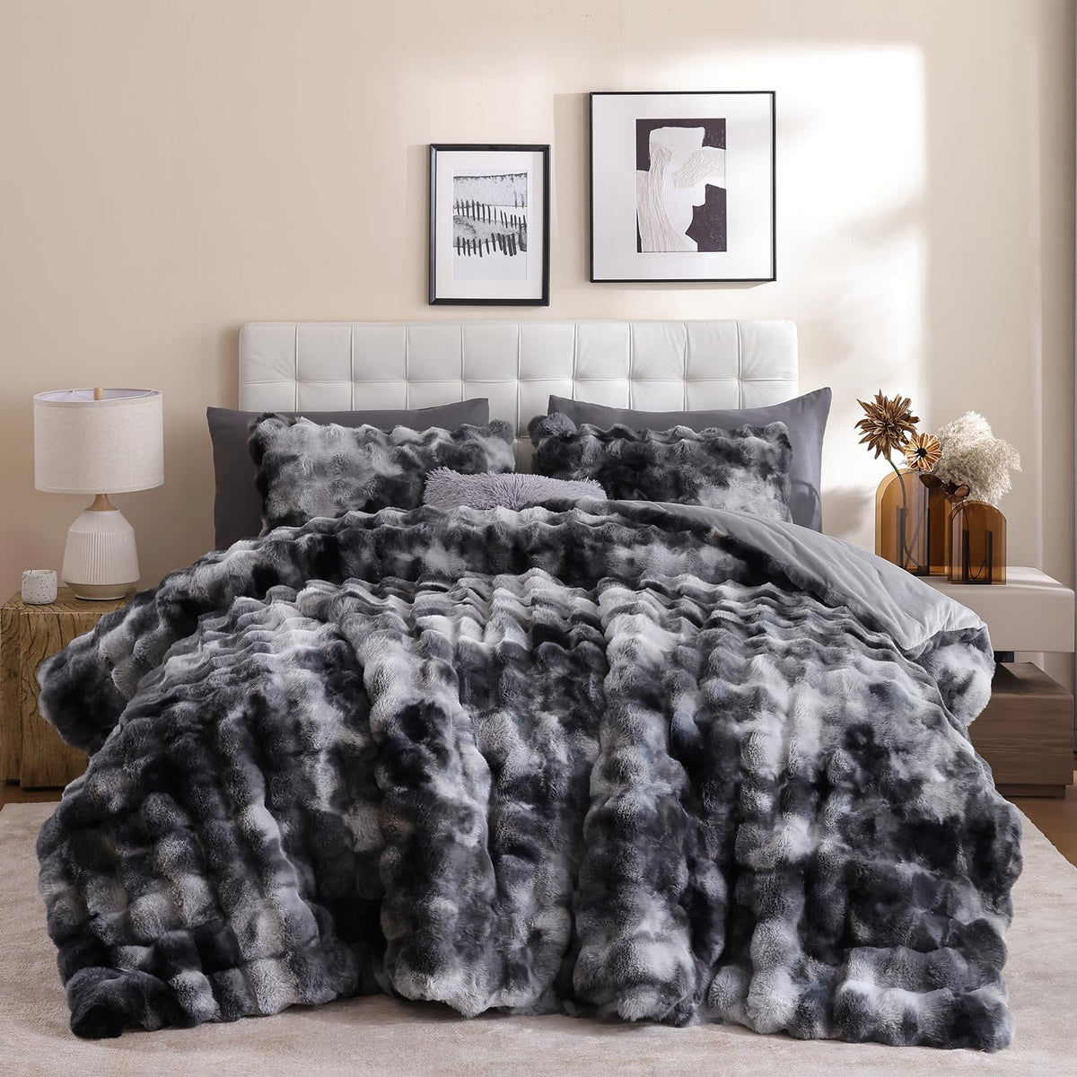 YIKUSH Queen Faux Fur Soft Comforter Set, Fluffy Linen Rabbit Fur Comforter