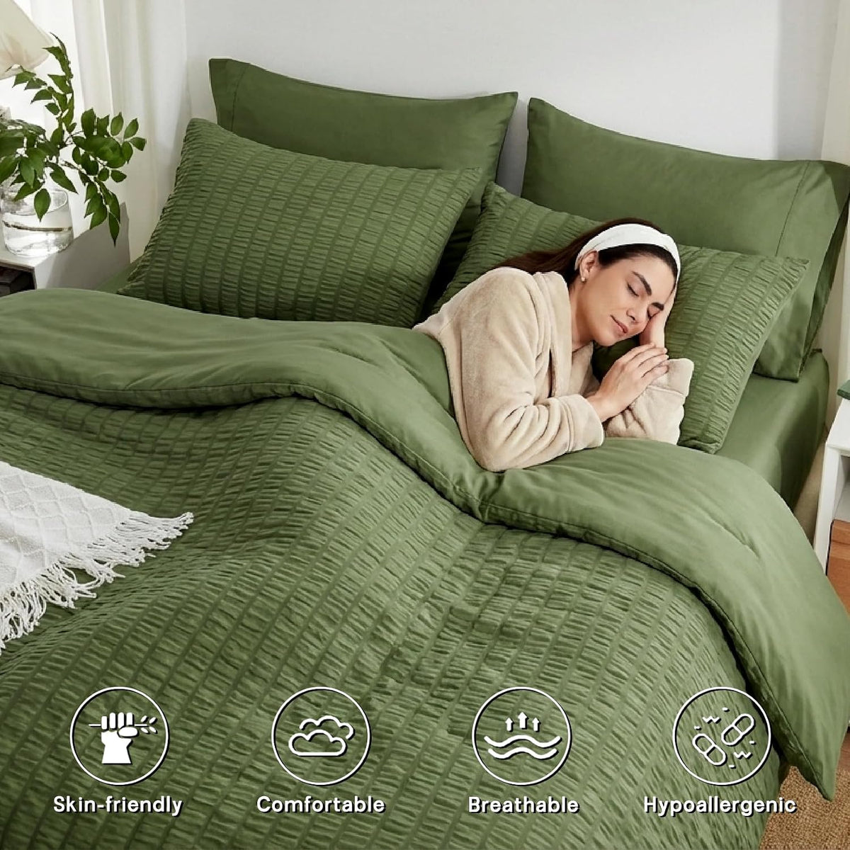 Zzlpp Queen Comforter Set 7 Piece, Green Bed in a Bag Queen Bedding Sets