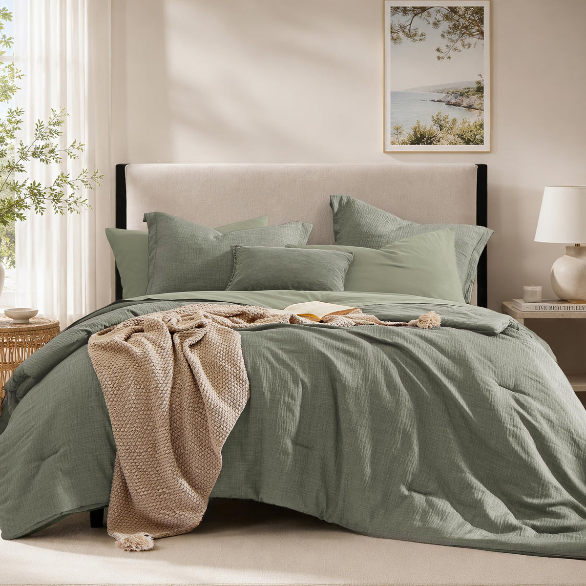 King Comforter Set - 7 Pieces Green Textured Bed in a Bag King Bedding Set