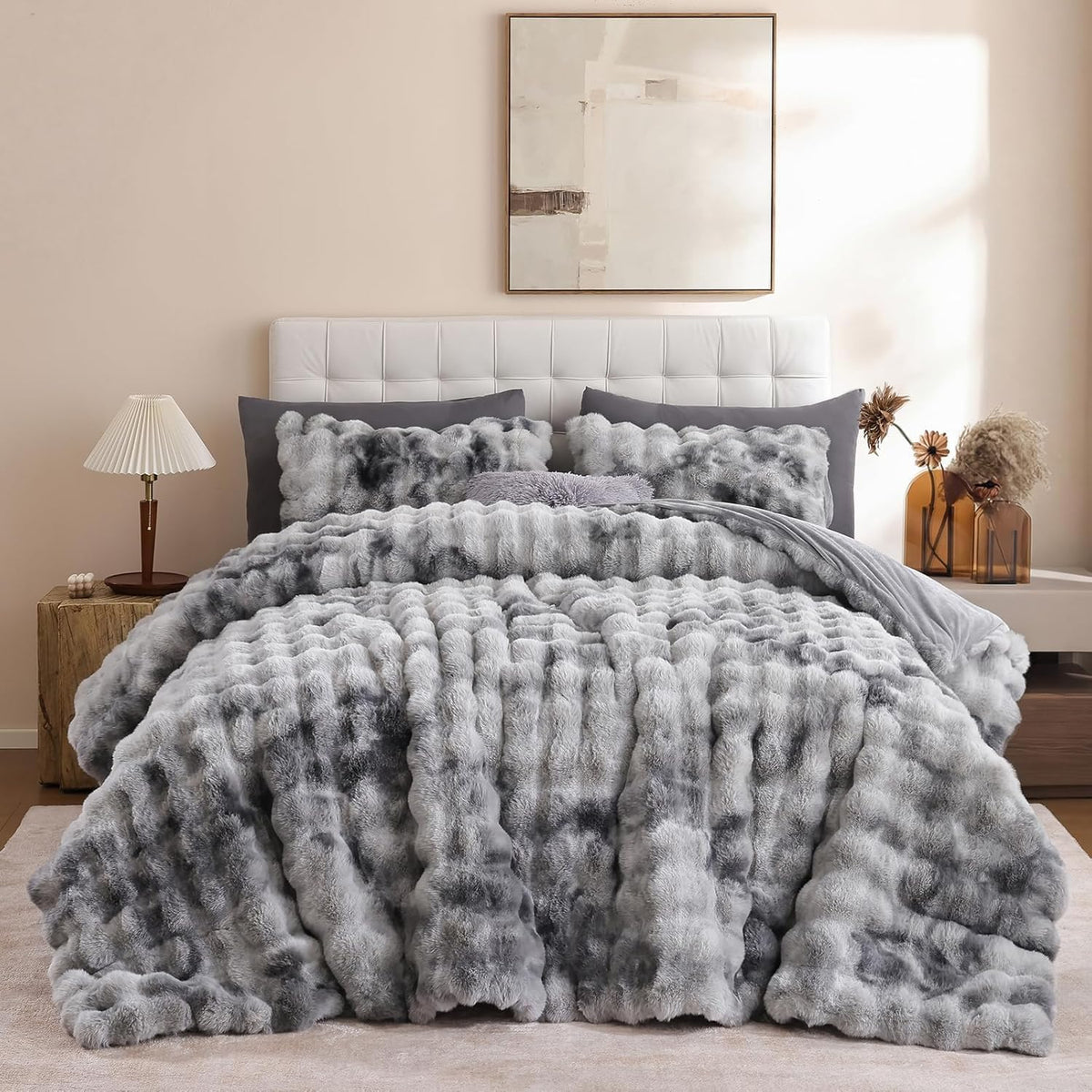 YIKUSH Queen Faux Fur Soft Comforter Set, Fluffy Linen Rabbit Fur Comforter