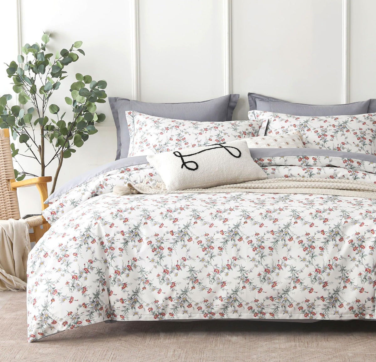 ALEISSEL Natural Cotton 3pcs Floral Comforter Sets King Size-Yellow Comforter with Pink & Yellow Flowers and Blue & Green Leaves on White, Reversible Lightweight Bedding Sets(King 104"×90")