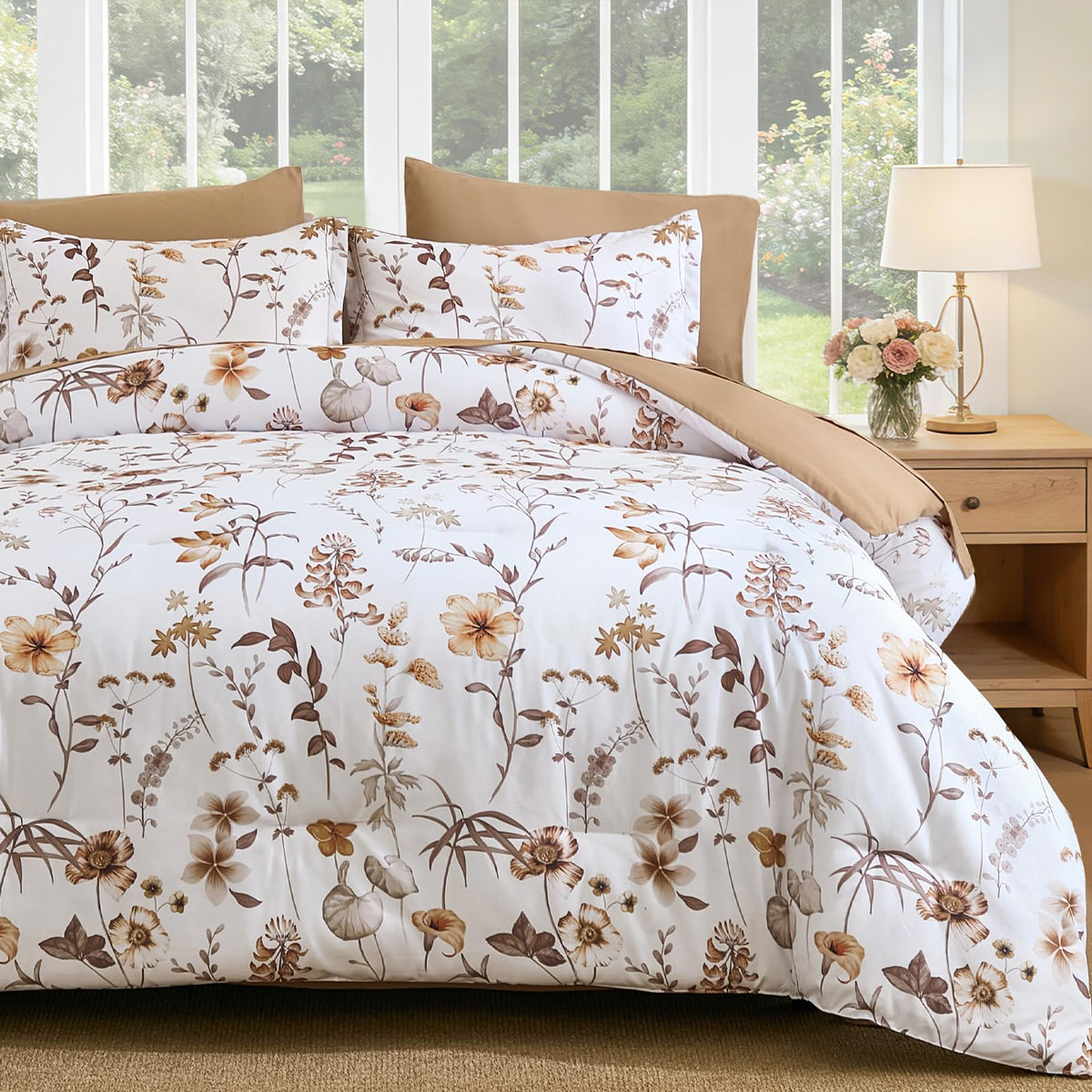 DJY Floral Comforter Set Queen Size,Brown Botanical Bedding Sets