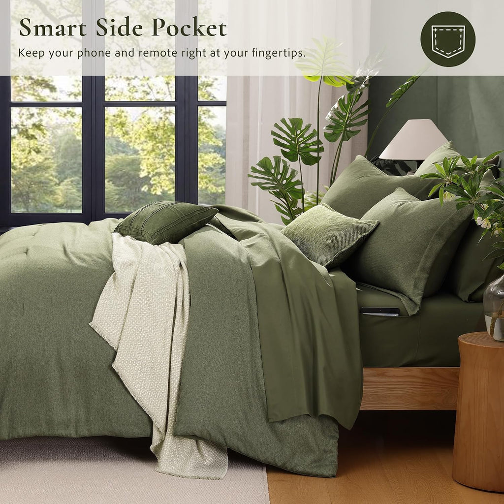 King Bedding Set - 7 Pieces Green Comforter Set King Size Soft Bed in a Bag