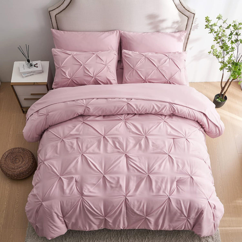 Ubauba 7pc Full Size Comforter Set with Sheets, Pinched Pleat 7 Piece Bed in a Bag Blush Bed Set with Comforter, Pintuck All Season Bedding Sets (Pink,Full)