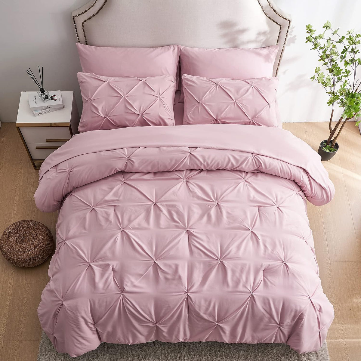 Ubauba 7pc Full Size Comforter Set with Sheets, Pinched Pleat 7 Piece Bed in a Bag Blush Bed Set with Comforter, Pintuck All Season Bedding Sets (Pink,Full)