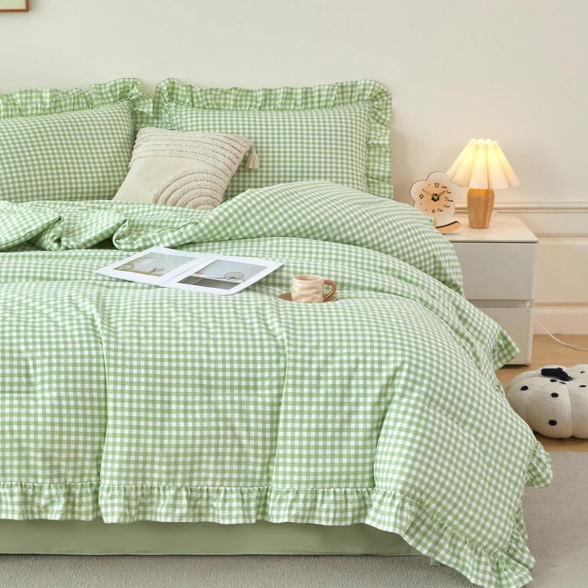 RYNGHIPY 5 Pcs Gingham Bedding Set Queen Yellow Ruffle Comforter Sets