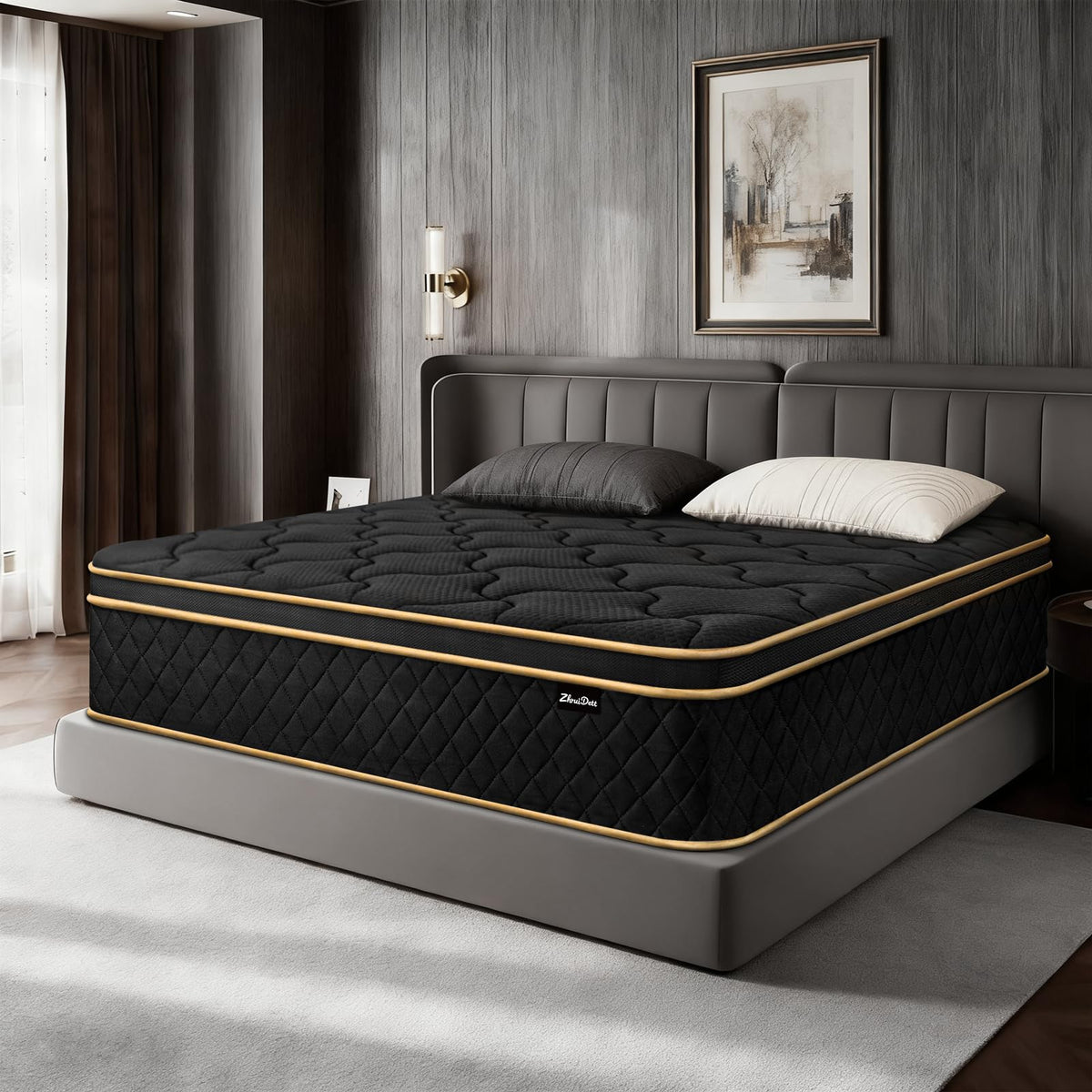 Queen Mattress 12 Inch Medium Firm Hybrid Mattress Queen Size Memory Foam Pocket Springs Queen Bed Matress in a Box for All Sleeping Positions Motion Isolation Comfortable Sleep (Black, Queen 12 inch)