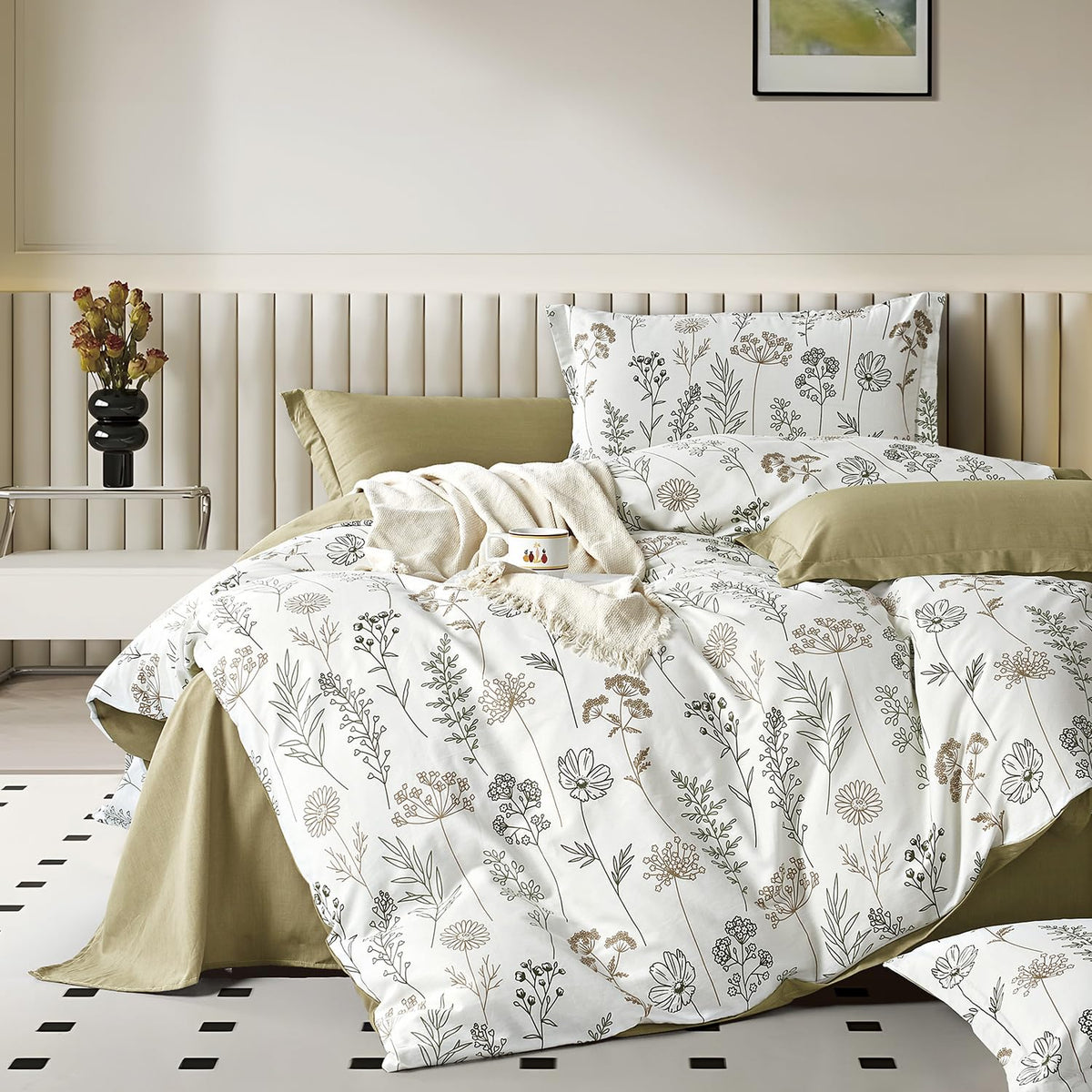 ALEISSEL Natural Cotton 3pcs Floral Comforter Sets King Size-Yellow Comforter with Pink & Yellow Flowers and Blue & Green Leaves on White, Reversible Lightweight Bedding Sets(King 104"×90")