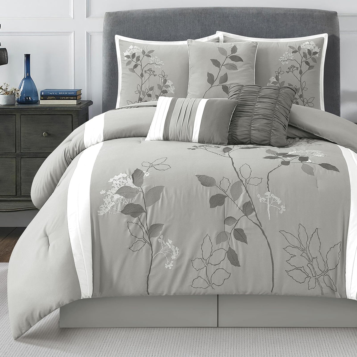 LANCO MODERN LIFESTYLE Beige King Comforter Set, 7 Pieces Bed in a Bag, Elegant Floral Leaves Embroidery, Soft and Lightweight All Seasons Bedding Set, Bedskirt, Pillow Shams, Decor Pillows
