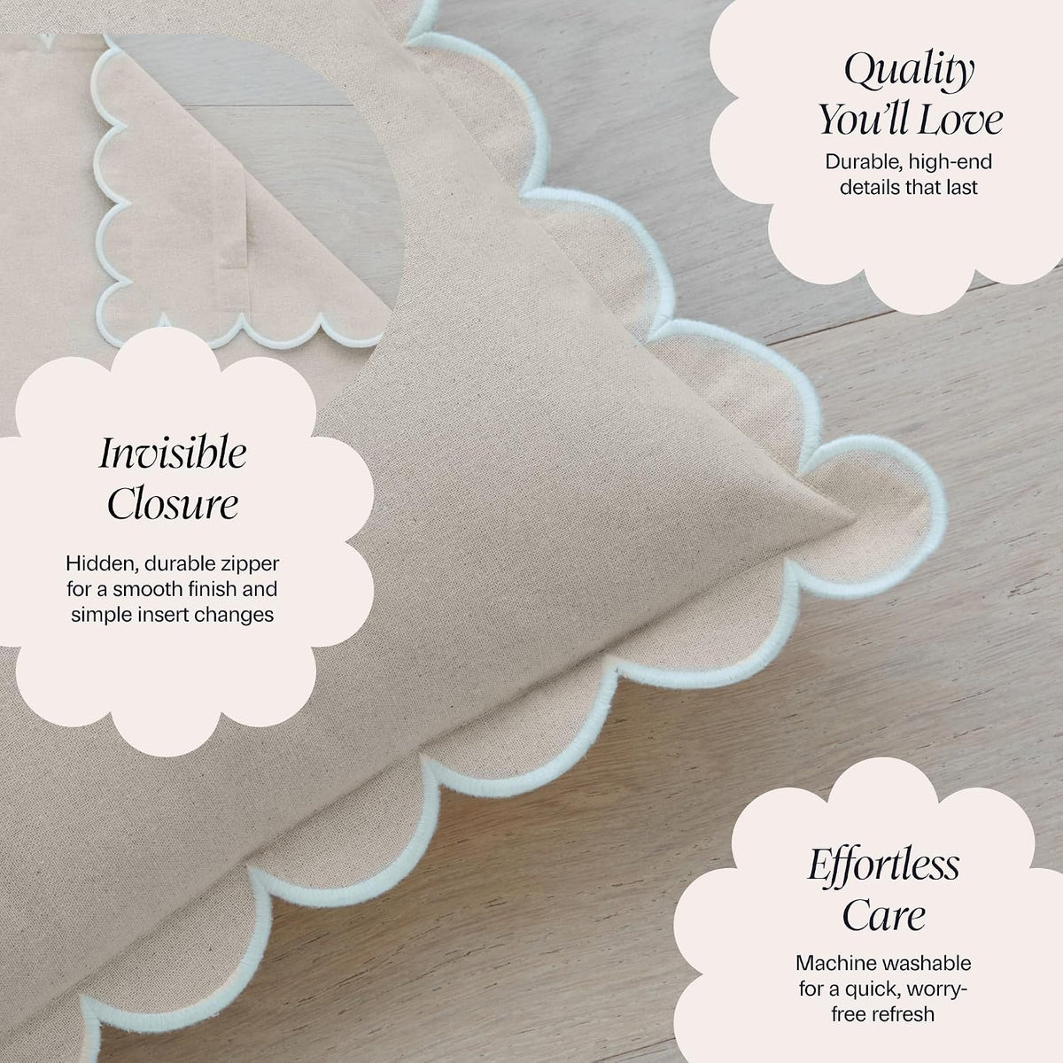 BEBE BASK Scalloped Pillow Cover Set of 2, 18x18, Cotton - Natural
