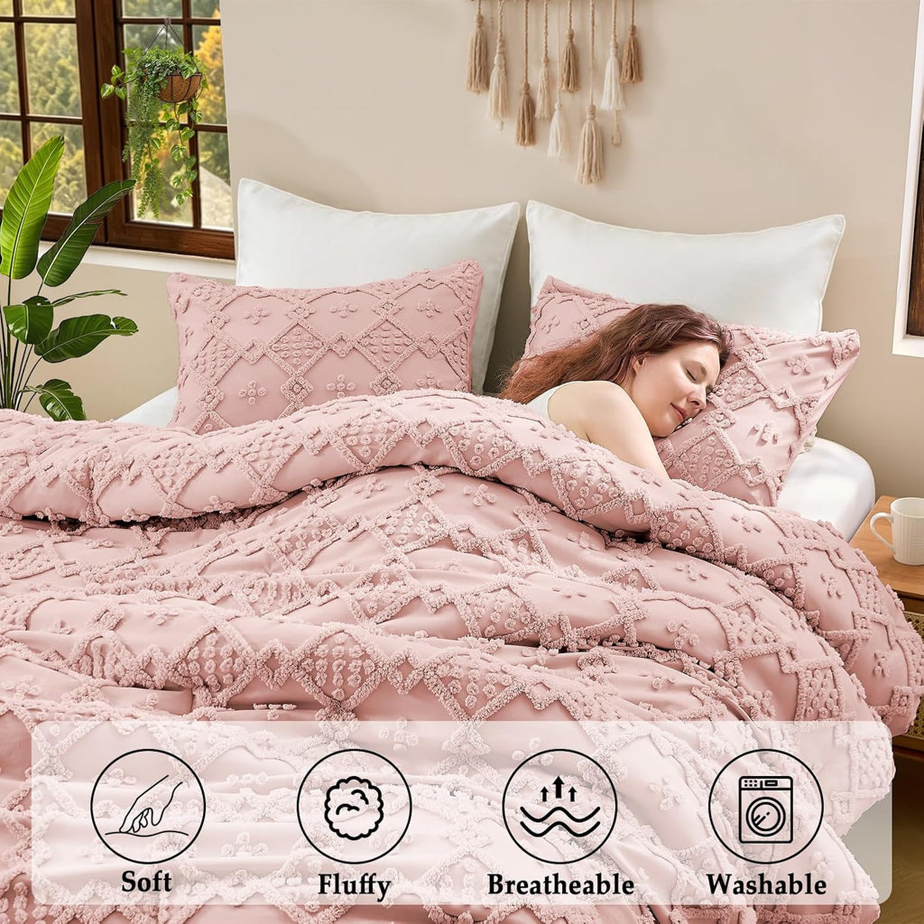 Tufted Boho Comforter Set, 3 Pieces Pink Boho King Bedding Set