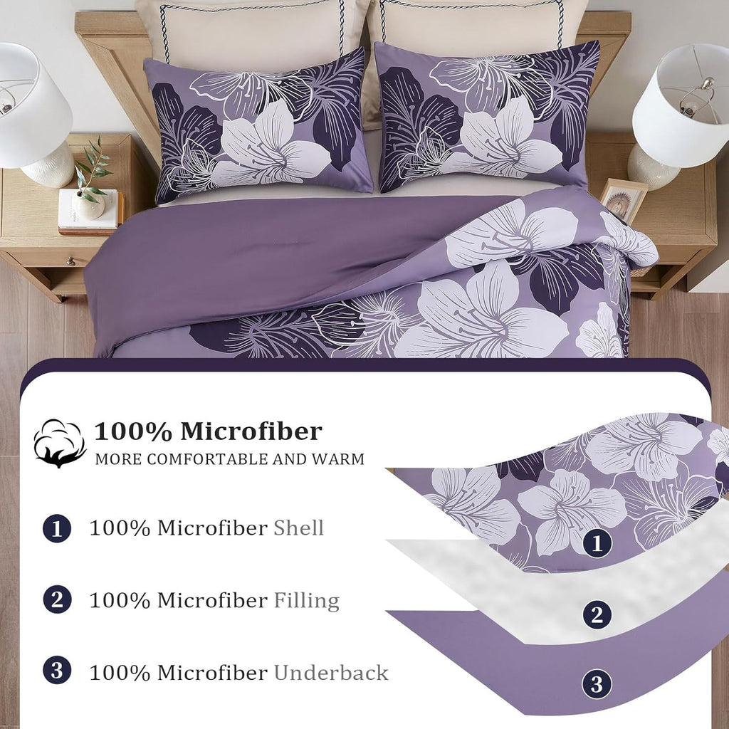 Menghomeus Queen Comforter Set, 3 Piece Dark Purple Floral Bedding Sets