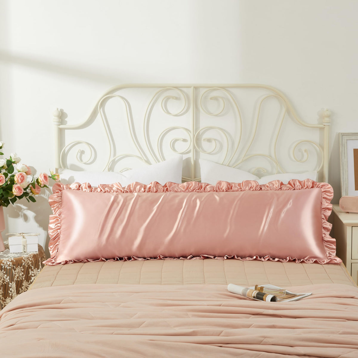 Blush Pink Satin Ruffled Pillow Cases for Hair and Skin,Blush Pink Silk Pillowcases Standard Set of 2 with Envelope Closure Princess Room Decoration