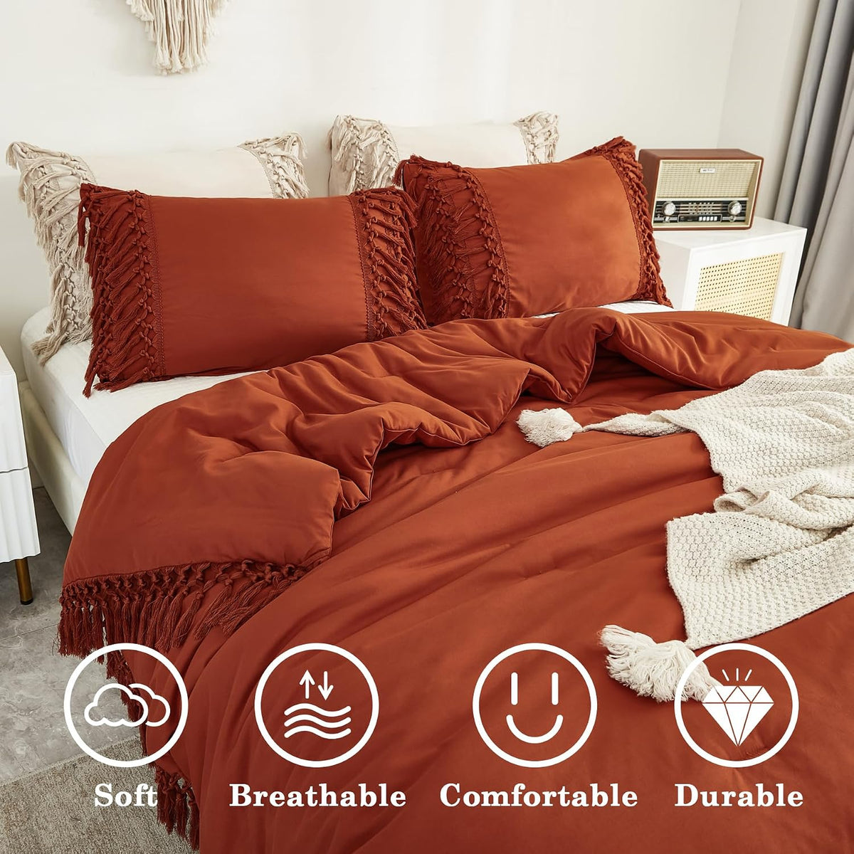 Andency Terracotta Comforter Set Full, 3 Pieces Boho Tassel Bedding