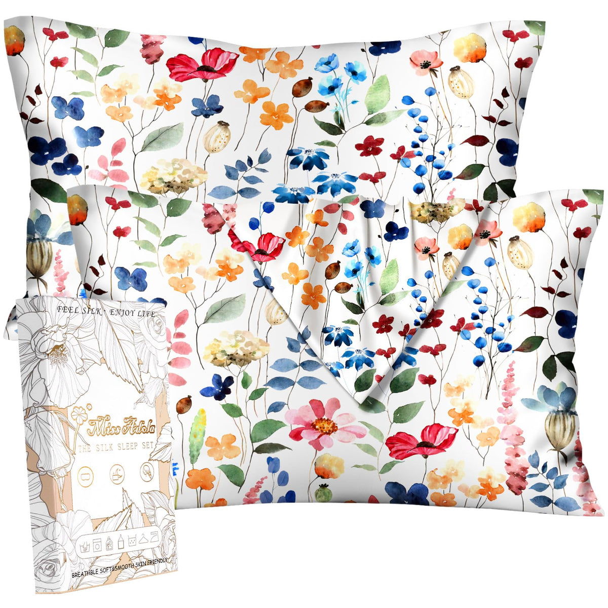 Miss Adola 2pcs Silk Pillowcase with Hidden Zipper, BLK Grow Flower