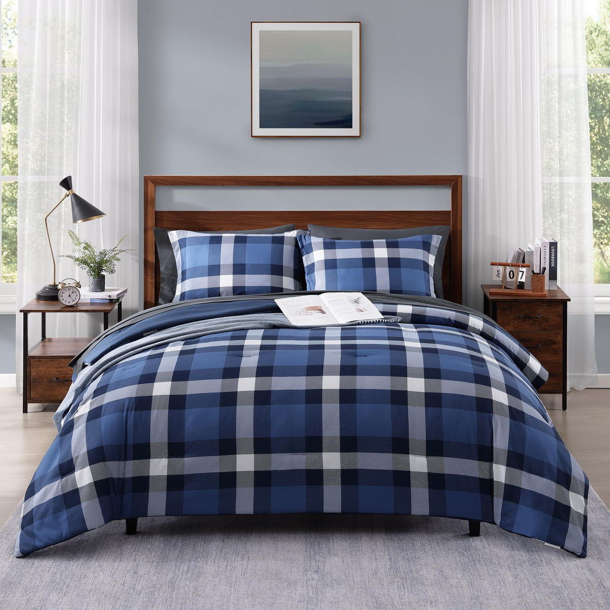 MaiRêve Plaid Queen Comforter Set Navy Blue 7 Pieces Bed in a Bag