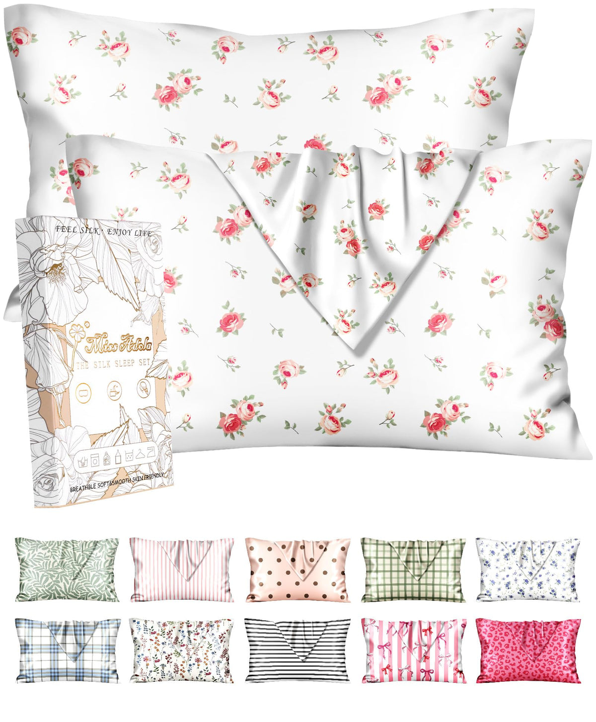Miss Adola 2pcs Silk Pillowcase with Hidden Zipper, Pink Stripes
