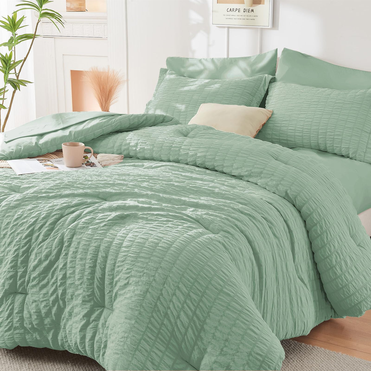 King Comforter Set - 7PCS Bed in a Bag, Seersucker Bedding Set, Dark Grey