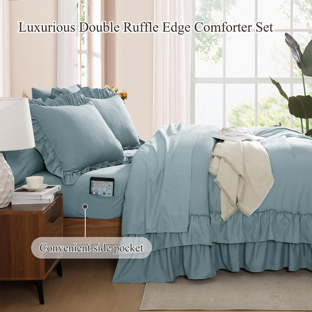 Queen Comforter Set Dusty Blue Ruffle 7 Pieces Farmhouse Bed in a Bag