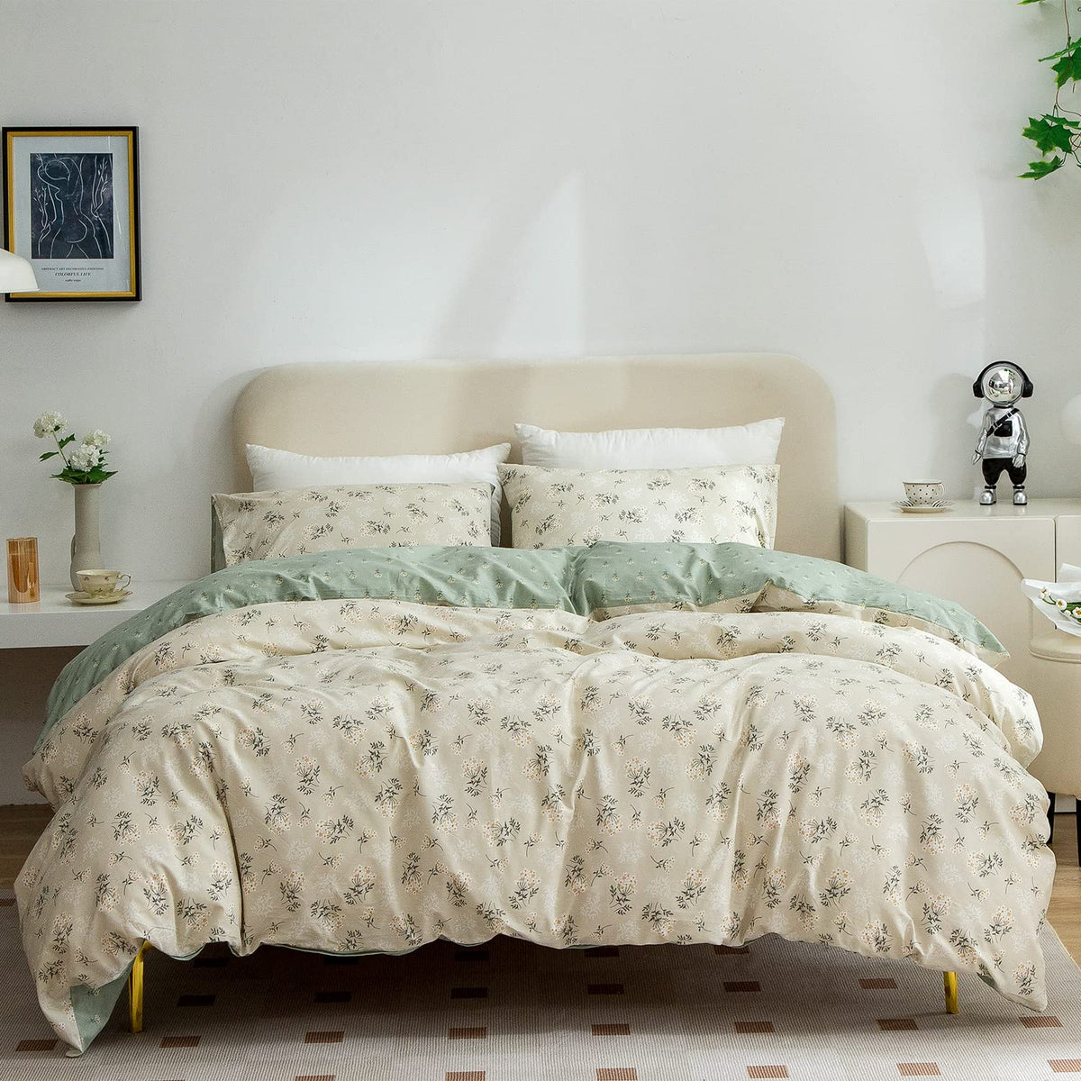 Sage Green Queen Size Comforter Set Striped 100% Soft Washed Microfiber Jacquard 3 Pieces Striped Bedding Sets Green White Comforter Queen for All Seasons and 2 Pillowcases Comfort Breathable