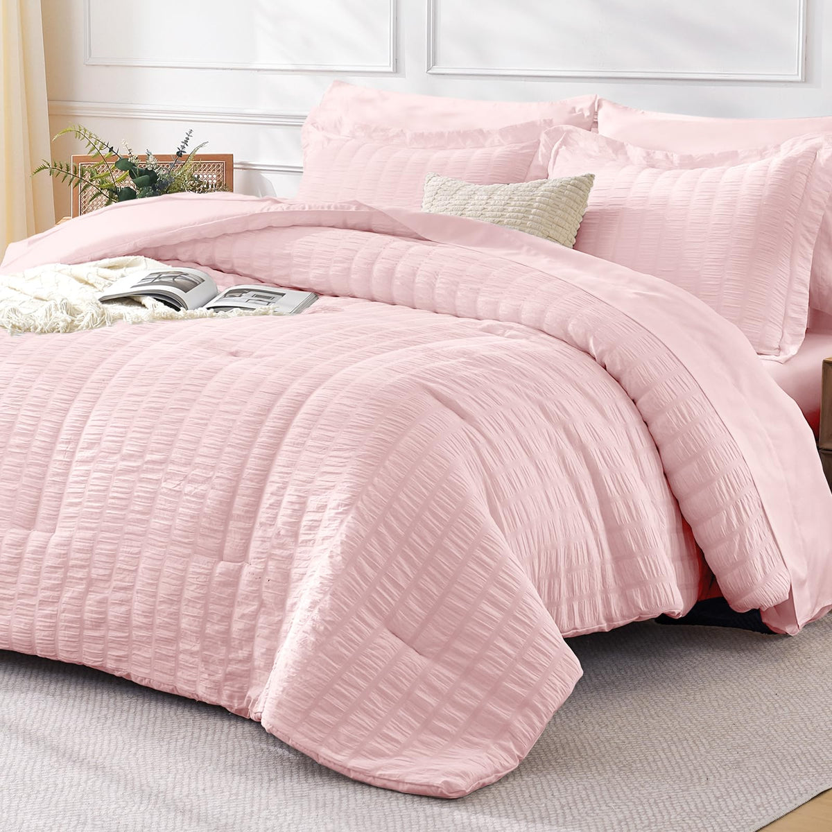 FreshCulture Twin Size Comforter Set Seersucker 5 Pieces, All Season Bedding Set Twin, Soft Bed in a Bag Comforter Set with Comforter, Flat Sheet, Fitted Sheet, Pillowcase and Pillow Sham, Cream