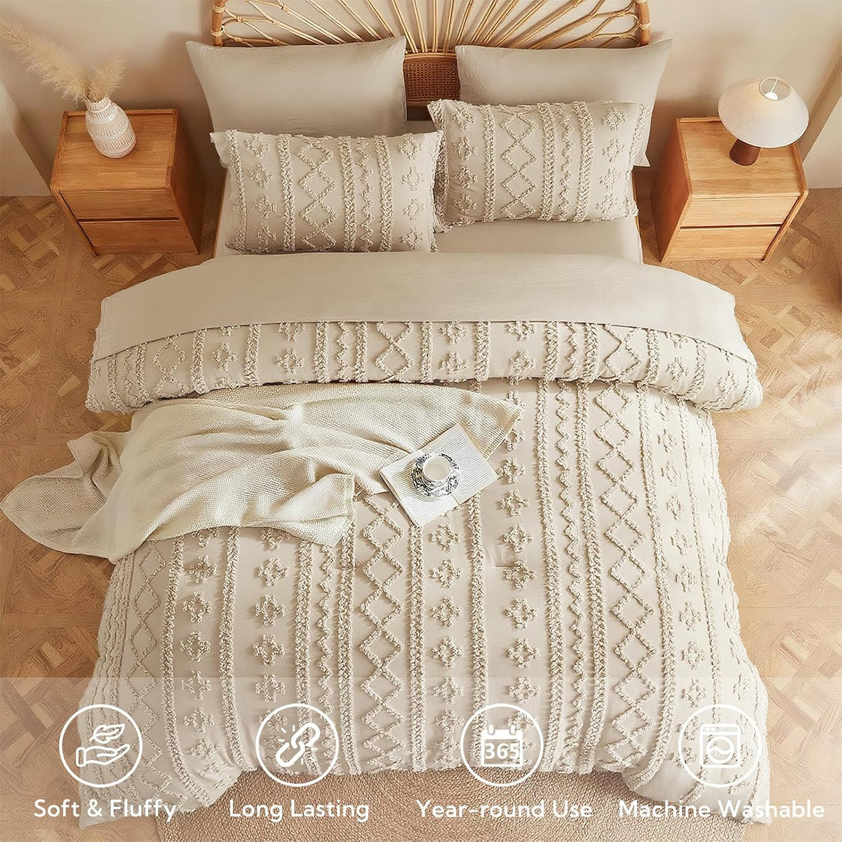 MR&HM Queen Comforter Set 7 Pieces, Fluffy Tufted Boho Beddding Set Beige