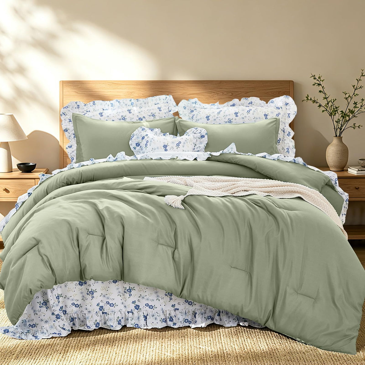 8PC Queen Comforter Set Blue, Ruffle Comforter with Floral Sheets