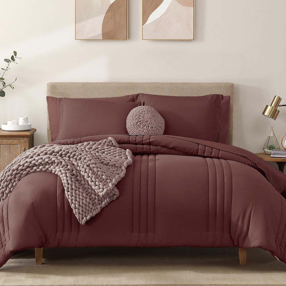 King Size Comforter Set-7 Pieces Brown Soft Bed in a Bag King Bedding Sets